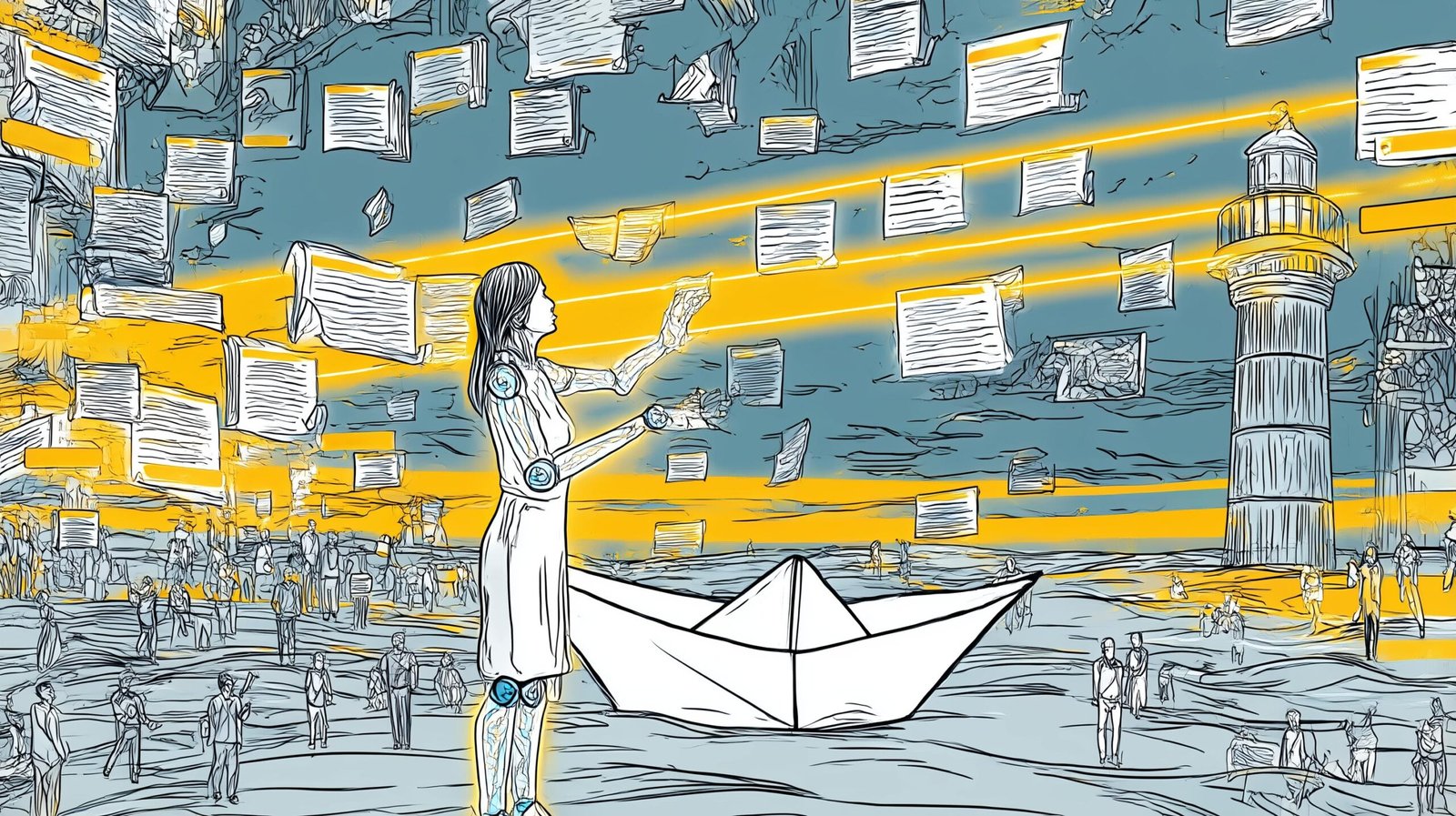 Femme solitaire à bras robotique guidant un bateau-papier sur mer de fenêtres