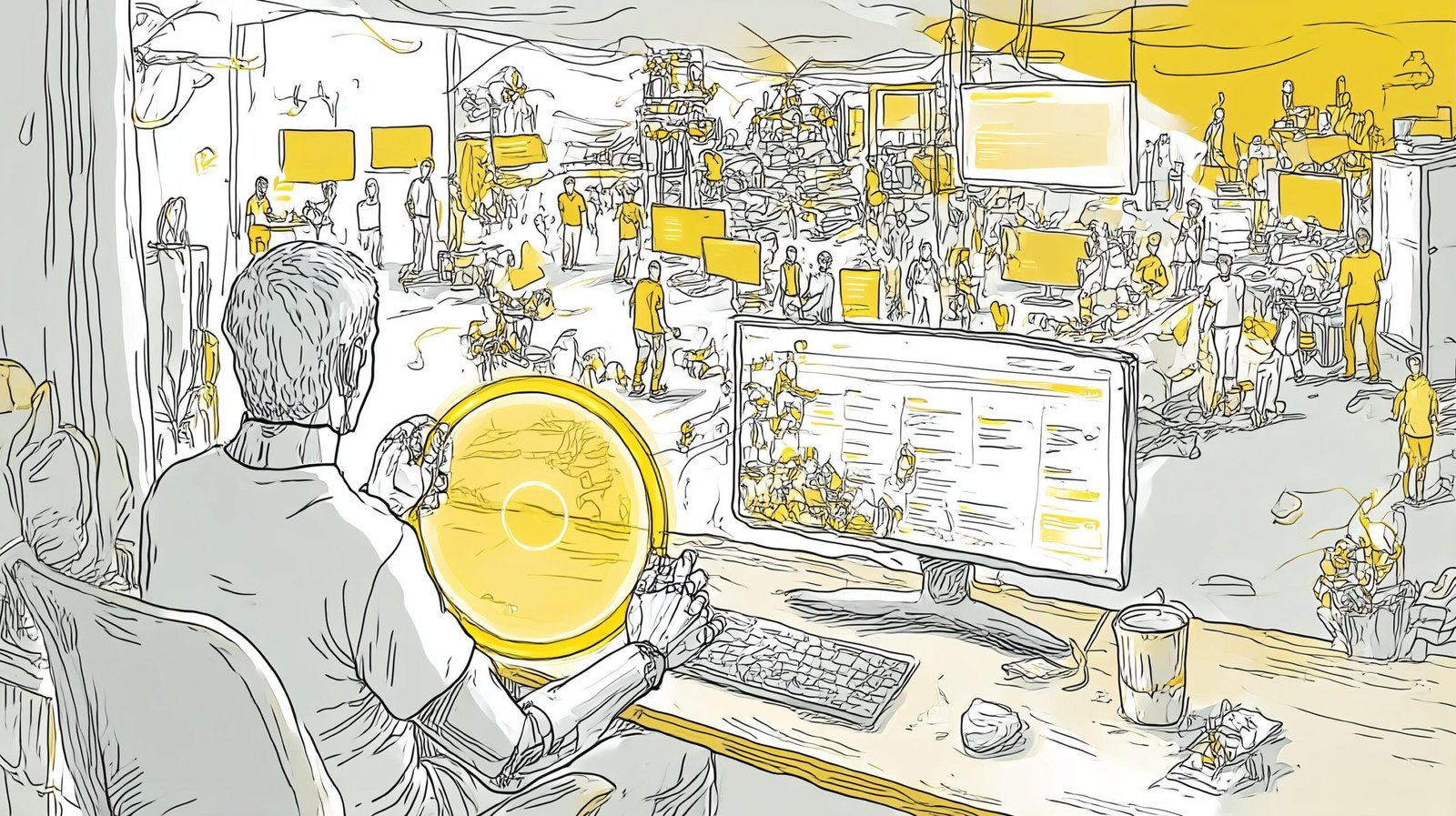 Journaliste et silhouette translucide tiennent un volant-navigateur transformé en usine web