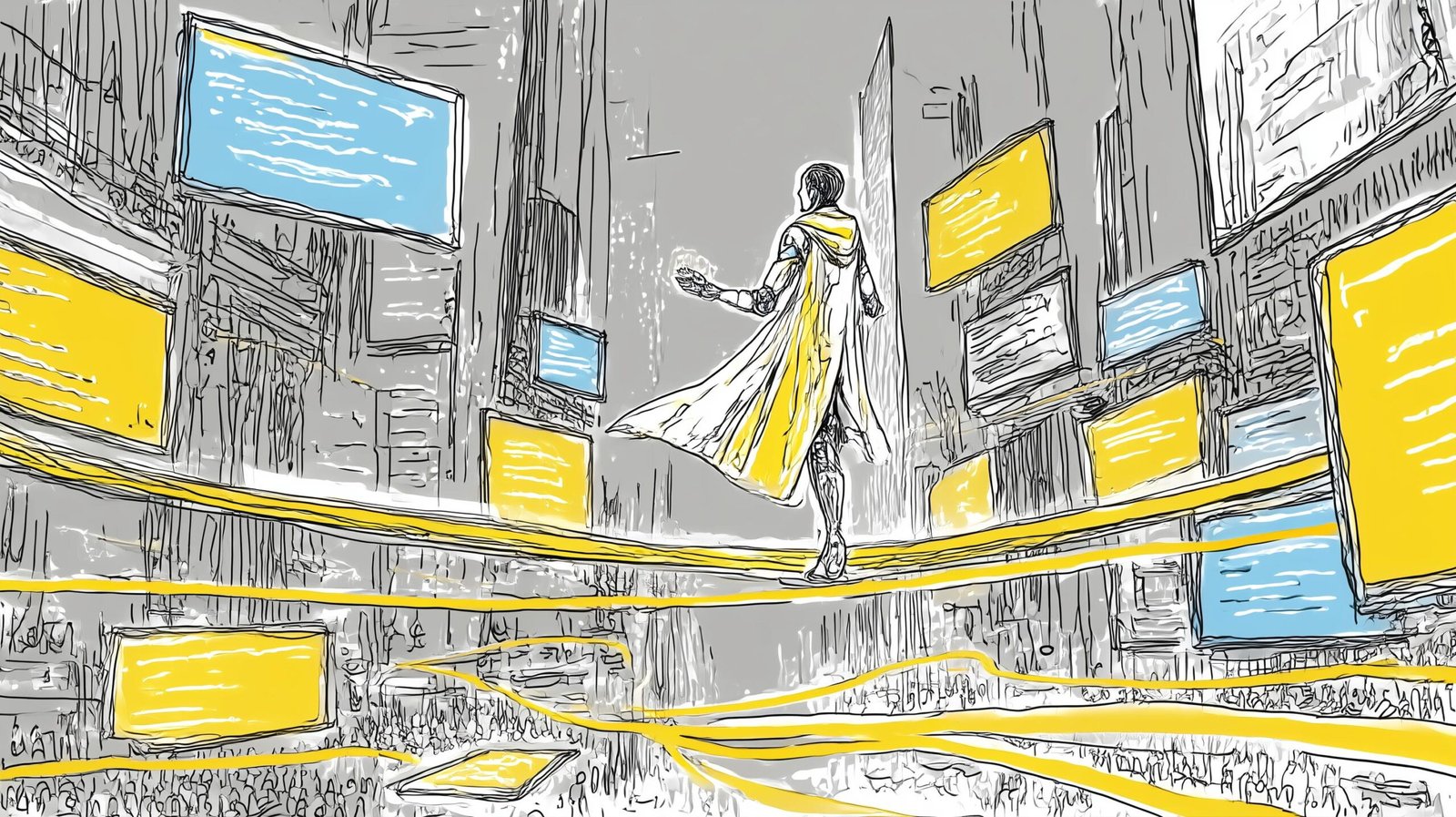 Figure humanoïde en manteau marchant sur un fil url lumineux entre fenêtres navigateur au-dessus d'une ville numérique