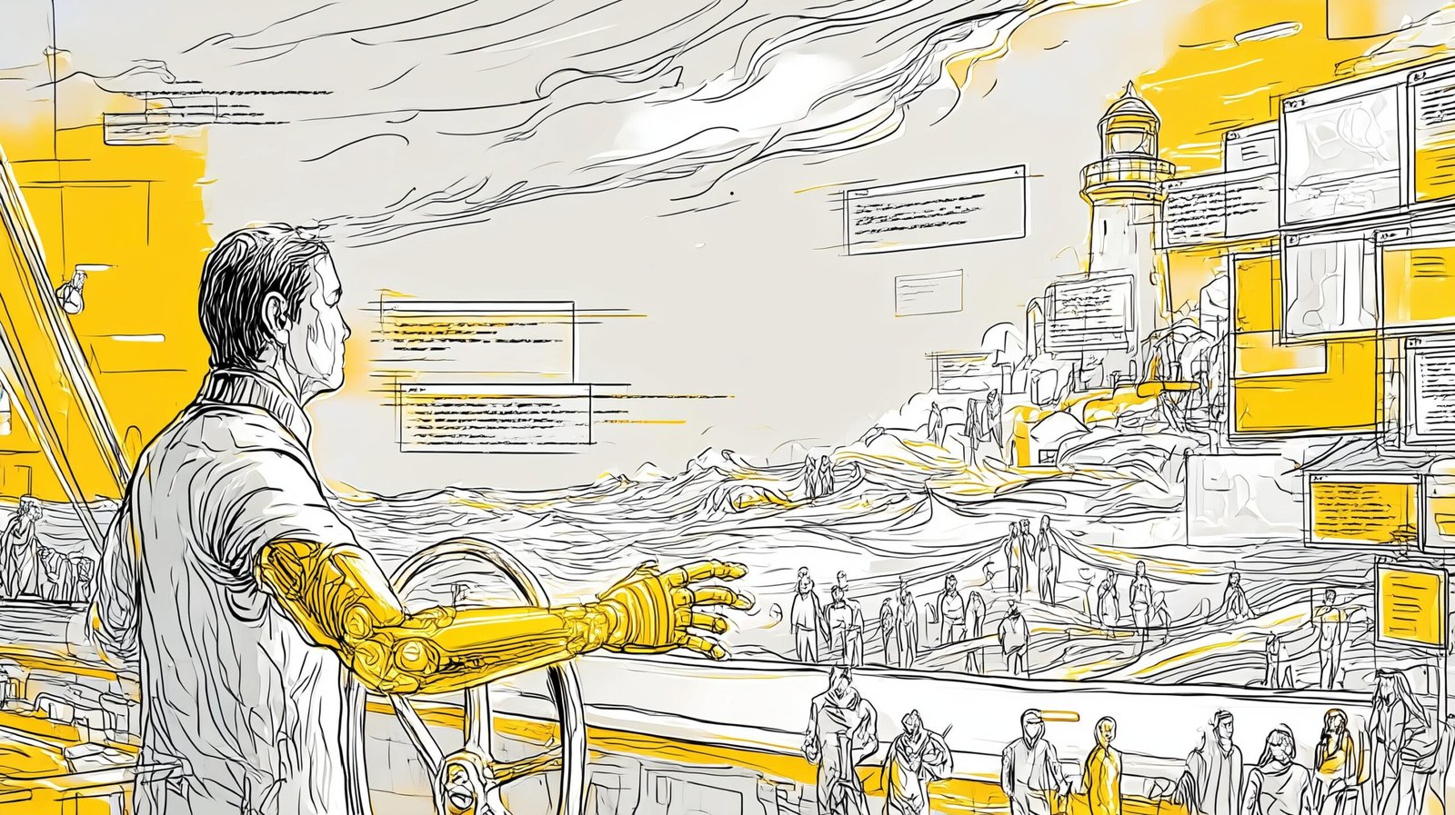 Navigateur calme à main humaine et main circuit, gouverne un navire aux voiles fenêtres sur mer de code