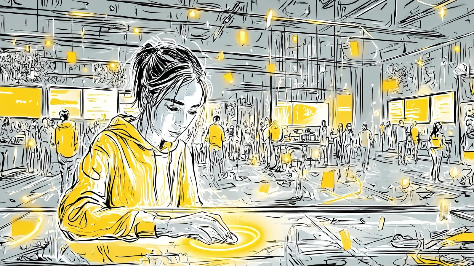 Femme concentrée au bureau, doigts devenant curseur lumineux, pages web en orbite