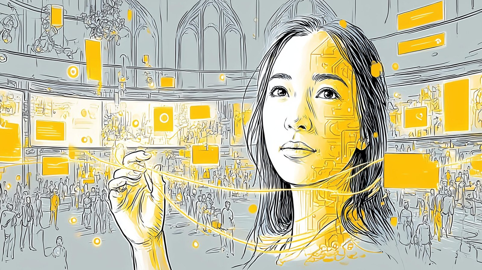 Femme réparant interfaces web lumineuses dans un studio nocturne, tissant filaments entre panneaux flottants