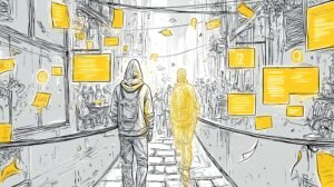 Jeune développeur et entité de code traversant un pont de liens flottants au crépuscule