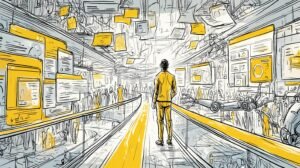 Ingénieur sur passerelle vitrée naviguant un navire-browser entre onglets flottants et code déchaîné