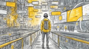 Navigateur solitaire sur passerelle d'onglets et liens lumineux au-dessus d'une ville pixelisée