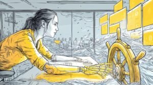 Femme concentrée guidant une roue de navire faite d'onglets sur mer de données