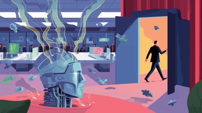 Salle de conférence, tête métallique fendue, chaînes d'un côté, rideau rouge et papillons de papier