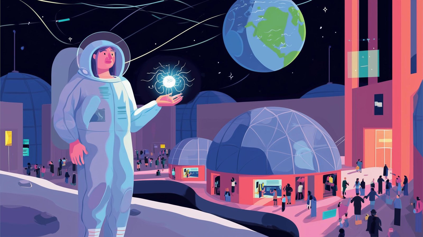 Ingénieure lunaire en combinaison translucide tenant un globe lumineux, dôme vitré et Terre en arrière-plan