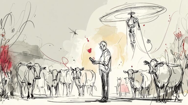 Producteur laitier à Gujarat avec tablette lumineuse et vétérinaire robotique holographique au-dessus des vaches