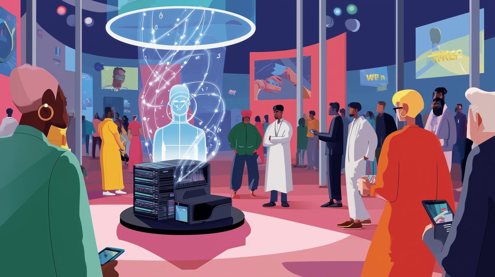 Entrepreneuse indienne recevant une pièce lumineuse d’un hologramme au-dessus d’un serveur, scène de sommet tech