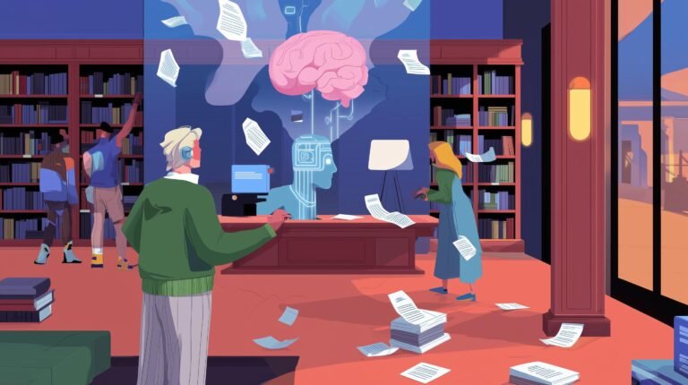 Auteur fatigué face à un automate en forme de cerveau chromé, papiers s'envolant.