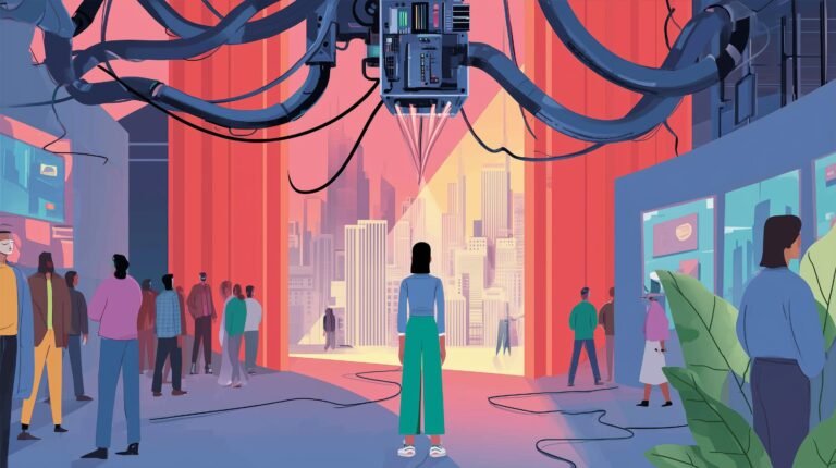 Jeune professionnelle liée par fils lumineux à une griffe mécanique, skyline en arrière-plan