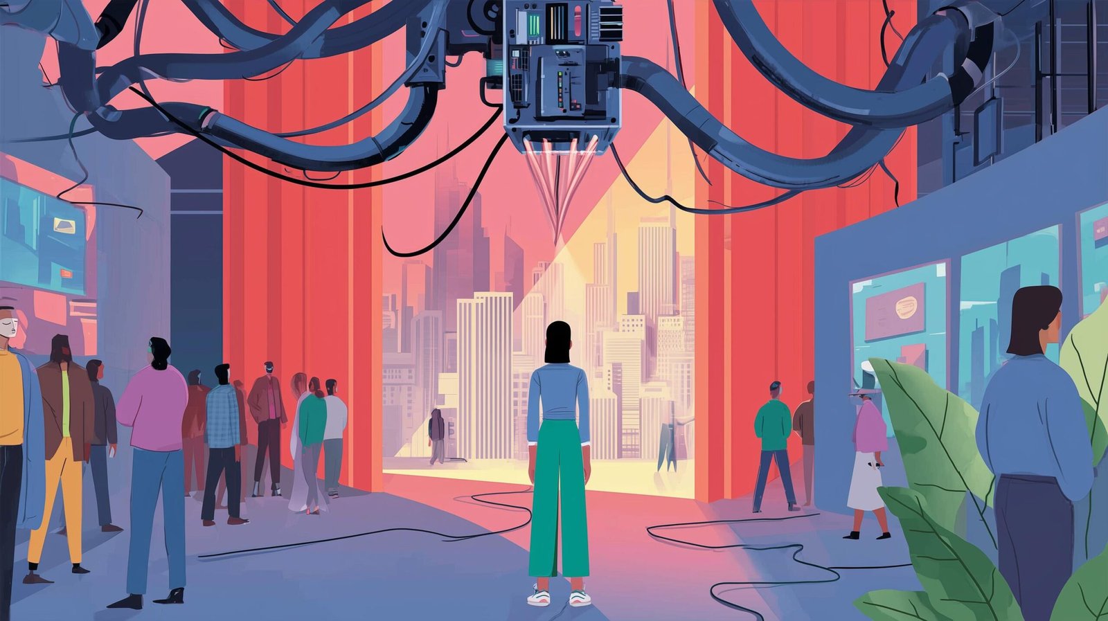 Jeune professionnelle liée par fils lumineux à une griffe mécanique, skyline en arrière-plan