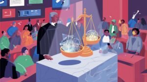 Juge en robe tenant balance dorée, cube de verre lumineux dans une salle d'audience en marbre