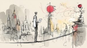 Stratège SEO sur fil de verre entre phare végétal et tour neuronale, boussole numérique