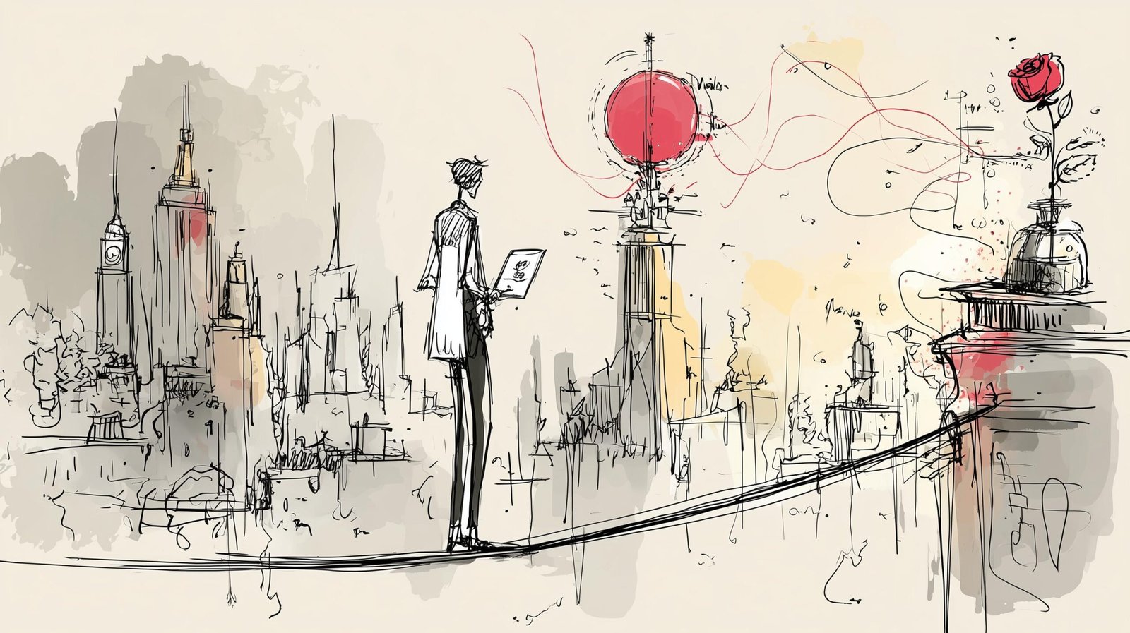 Stratège SEO sur fil de verre entre phare végétal et tour neuronale, boussole numérique