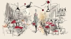 Gérant tenant un panier lumineux transformant fruits abîmés en étagères fraîches, oie lumineuse au-dessus