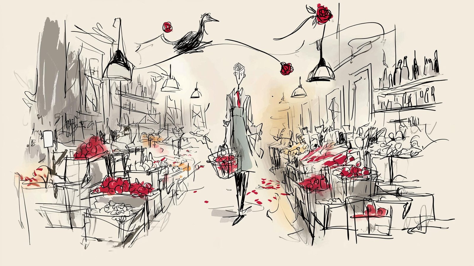 Gérant tenant un panier lumineux transformant fruits abîmés en étagères fraîches, oie lumineuse au-dessus