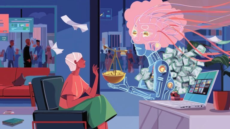 Femme devant portable, entité translucide tient balance: tickets ailés face à pièces et panneaux publicitaires