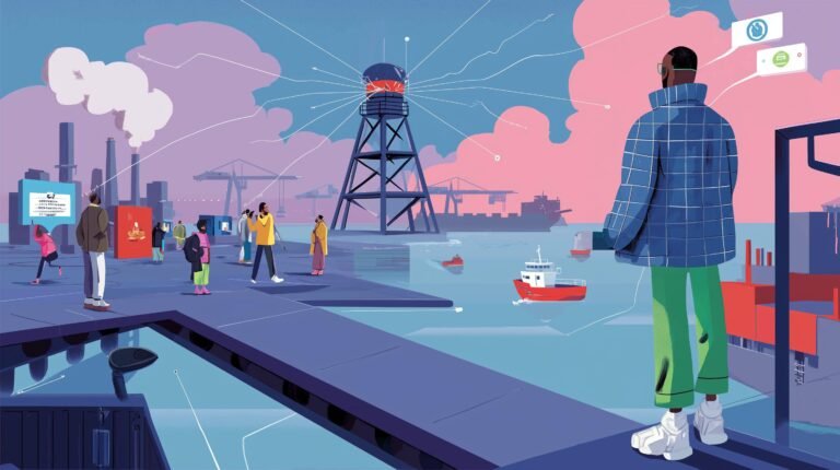 Opérateur devant phare-moteur, convoyeurs livrant données lumineuses dans port industriel au crépuscule