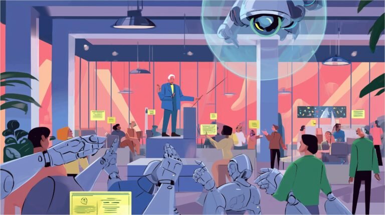 Développeur senior dirigeant des mains robotiques jouant du code sous un œil mécanique