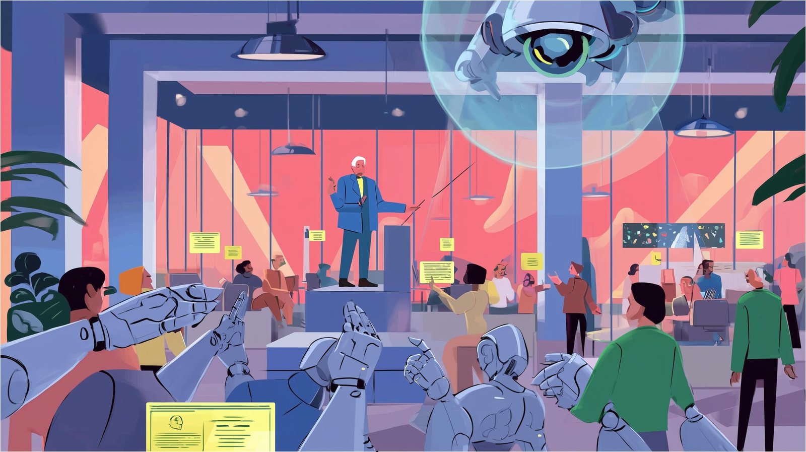 Développeur senior dirigeant des mains robotiques jouant du code sous un œil mécanique