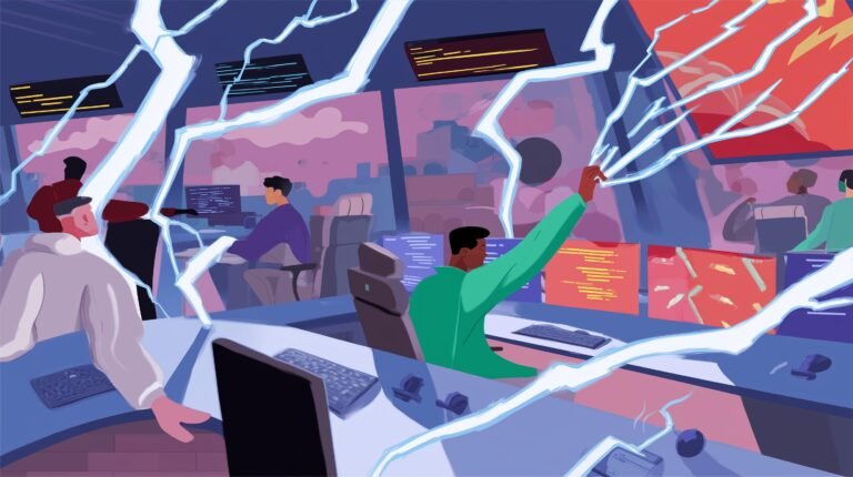 Ingénieur seul dans salle de contrôle bleue, consoles holographiques et flux de code lumineux