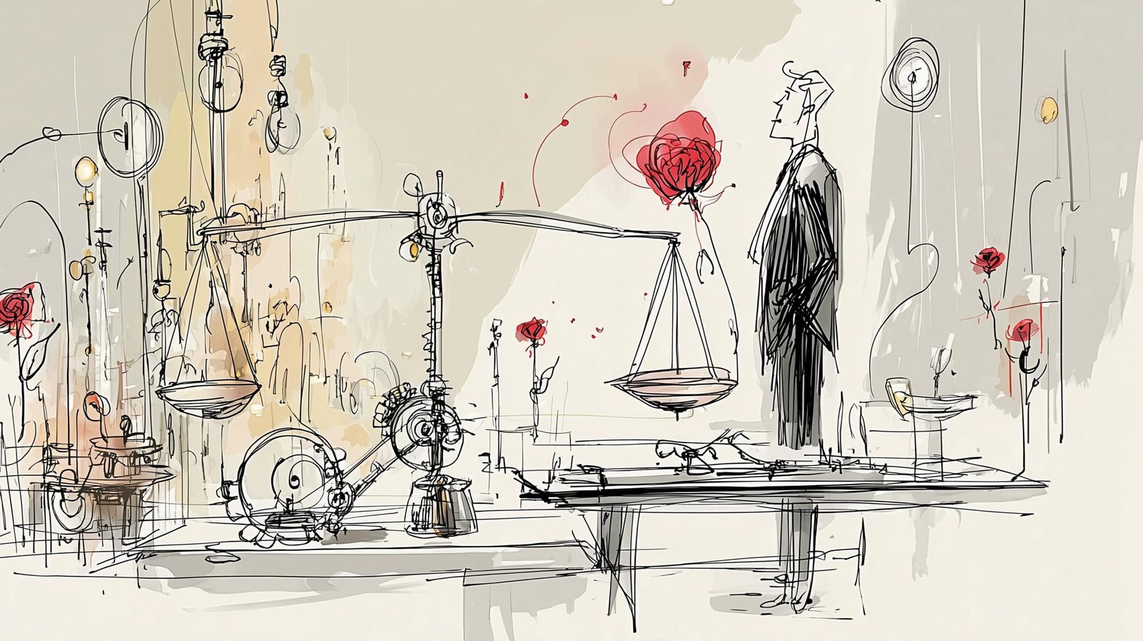 Directeur en costume pèse une balance entre mécanisme lumineux et nuage de code dans salle de contrôle