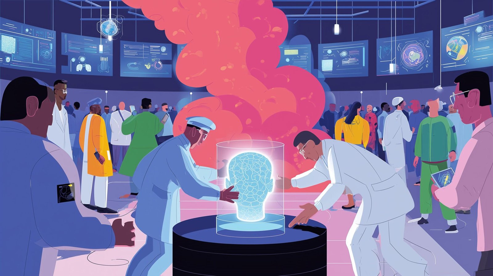 Cœur humanoïde lumineux sur socle en verre, officier tirant, ingénieure protégeant, centre de commandement sombre