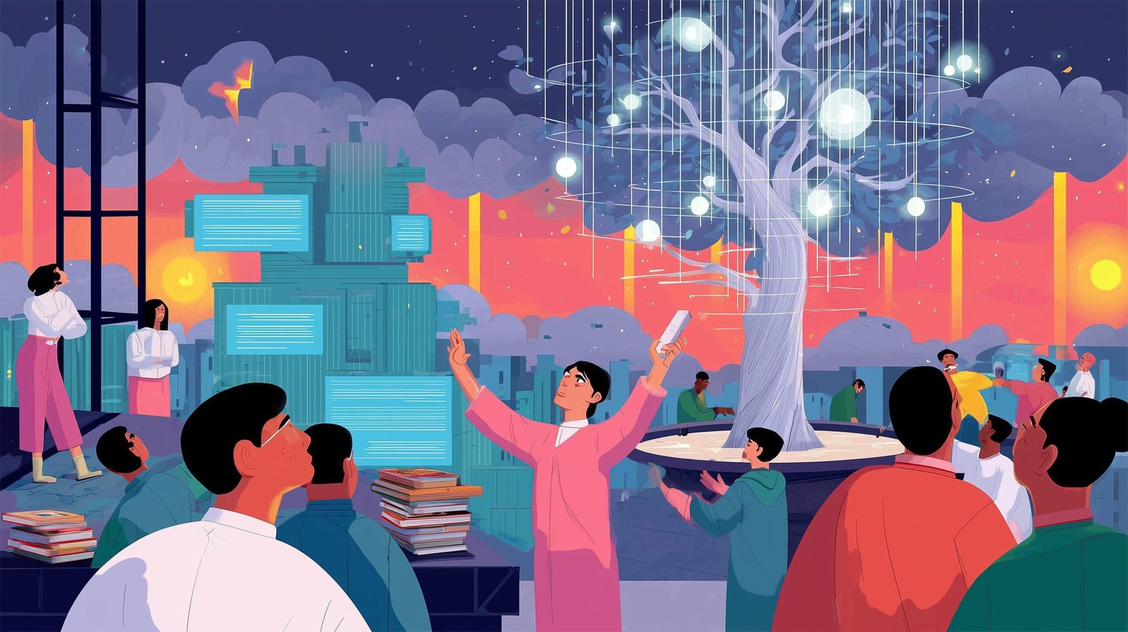 Écolier sur toit de Mumbai atteignant un banyan translucide fait de code et d'orbes lumineux