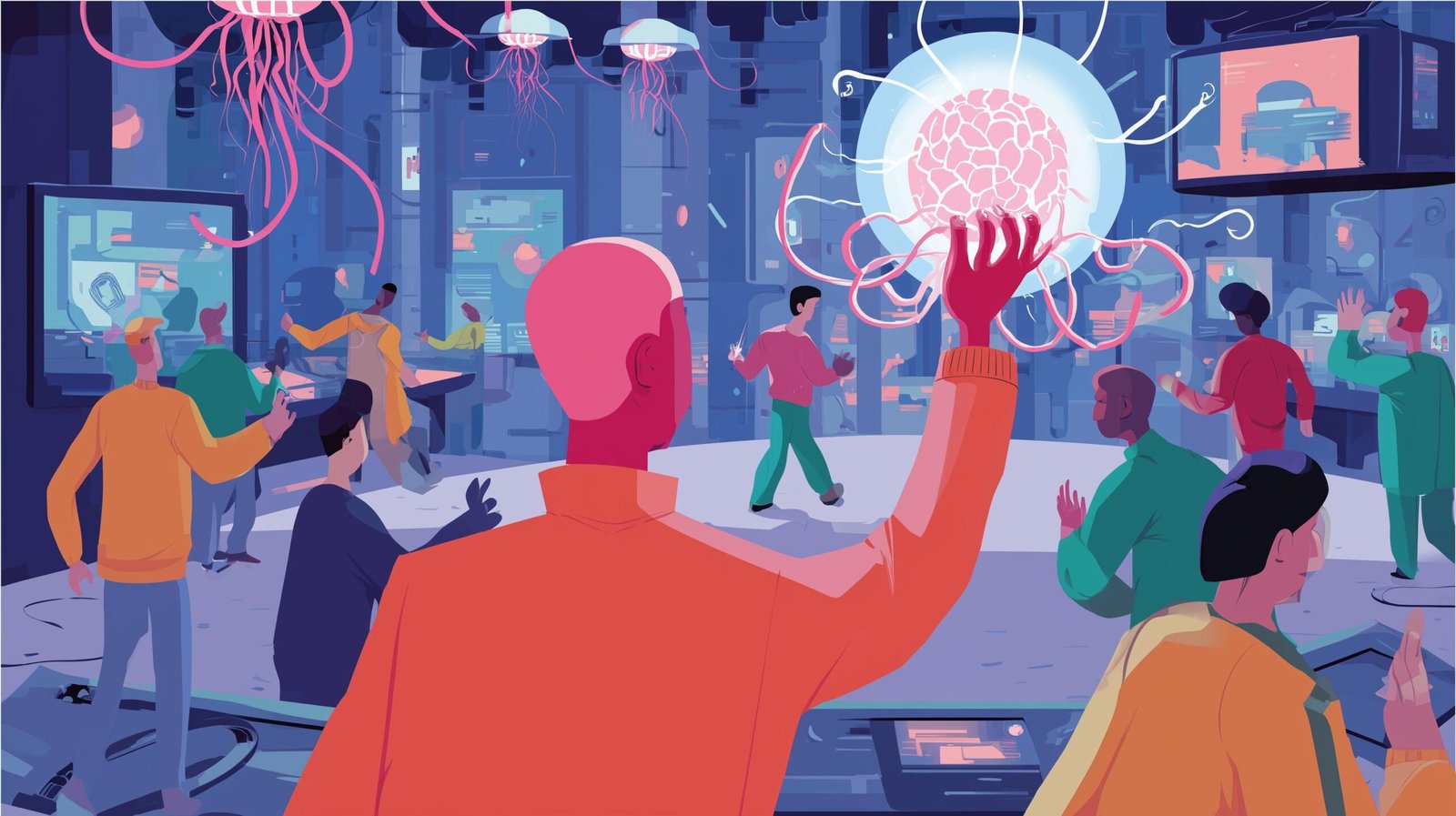 Opérateur seul dans salle de contrôle tenant un orbe lumineux connecté à des drones par des fils