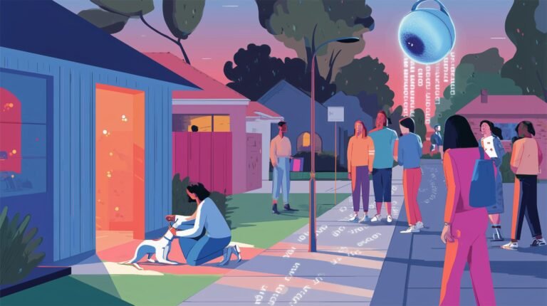 Femme agenouillée caressant un chien perdu sous un œil de surveillance géant