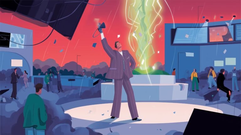 Réalisateur solitaire tenant une bobine, vers une pousse lumineuse sur un plateau nocturne