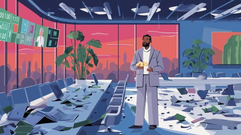 Dirigeant en hoodie tenant un cristal lumineux d'où pousse un arbre métallique à feuilles pièces, bureaux s'effondrant en code binaire