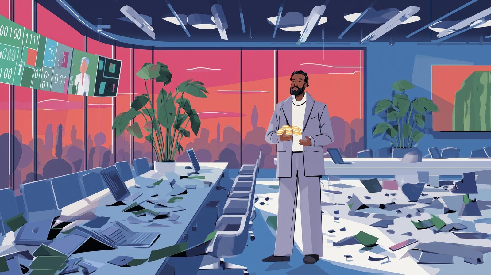 Dirigeant en hoodie tenant un cristal lumineux d'où pousse un arbre métallique à feuilles pièces, bureaux s'effondrant en code binaire