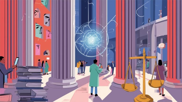 Enquêteur sous colonnes, smartphone fissuré projetant visages sur orbe neural au-dessus d'une balance et registres