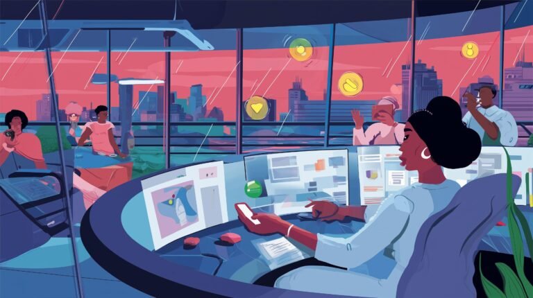 Stratège marketing guidant des hologrammes de données avec un bras robotique depuis un tableau lumineux