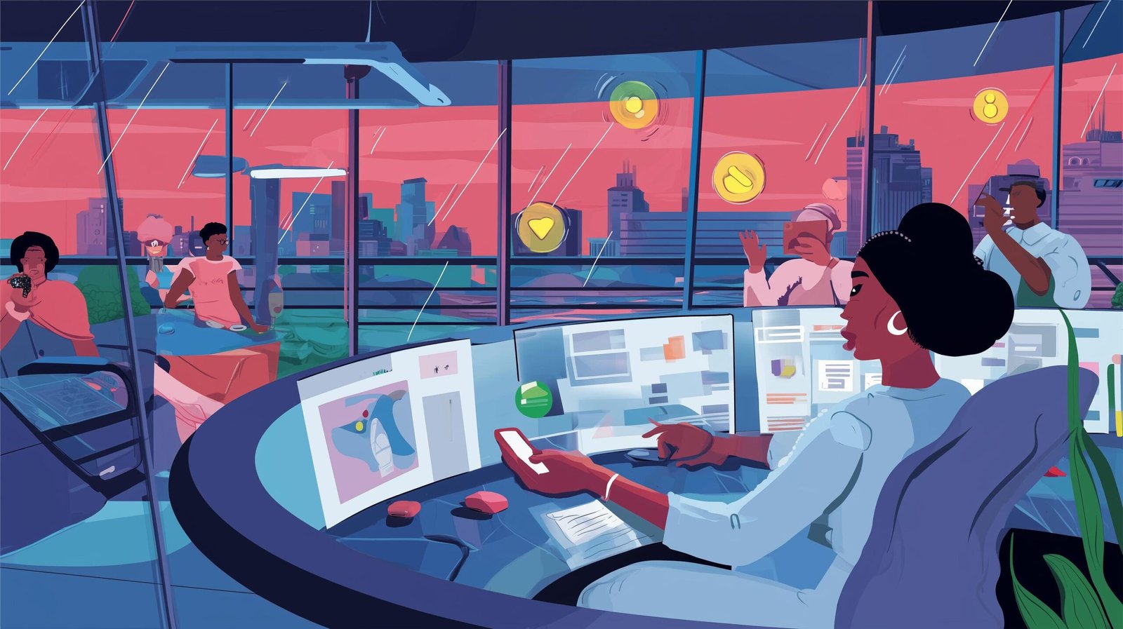 Stratège marketing guidant des hologrammes de données avec un bras robotique depuis un tableau lumineux