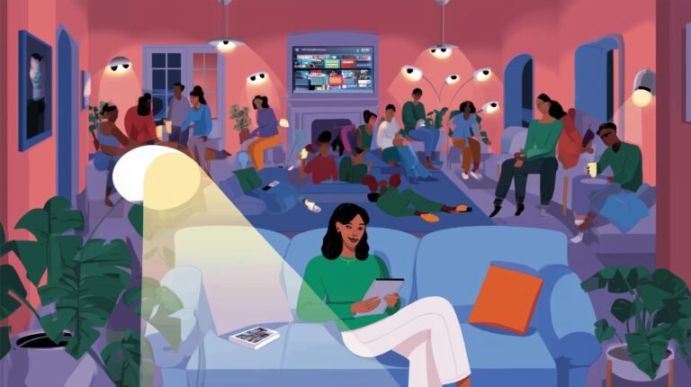 Femme sur canapé entourée de mini caméras souriantes surveillantes