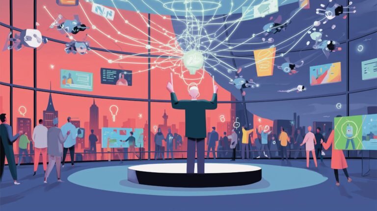 Fondateur sur toit-verrière déverrouille essaim d'avatars lumineux convergeant en noyau radieux