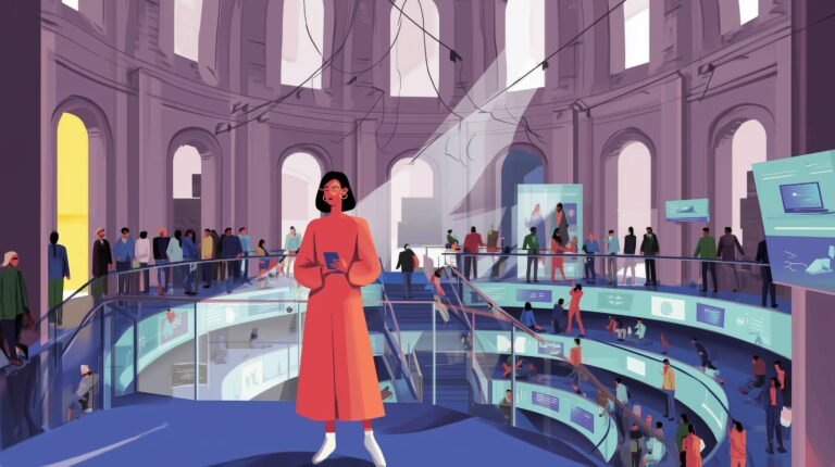 Conceptrice de puces sur estrade tenant microprocesseur spiralé lumineux