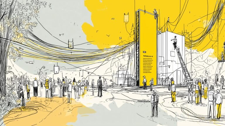 Monolithe en silicium au centre d'une salle serveur, câbles s'étendant vers tours et usine, ingénieurs en silhouettes