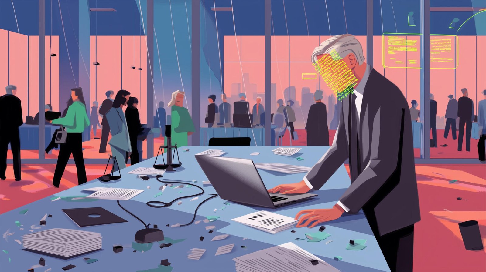 Dirigeant seul en salle de réunion, visage masqué par flux lumineux, balance en papier qui s'effrite