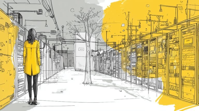 Ingénieur silhouette équilibrant une poutre entre serveurs surchauffés et modules de calcul efficaces dans un datacenter