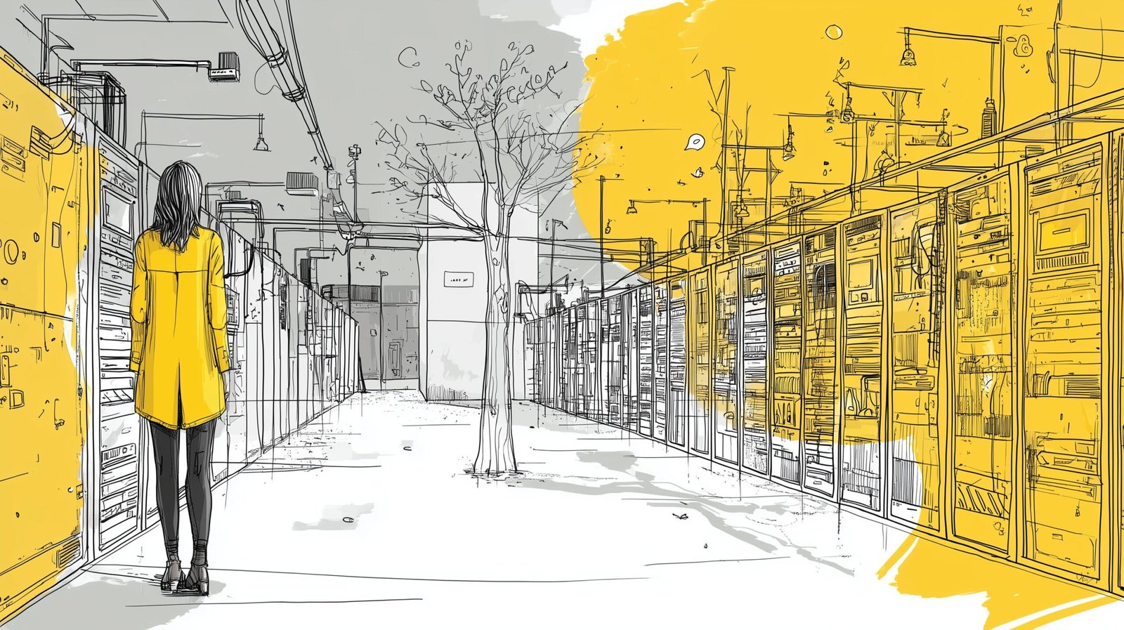 Ingénieur silhouette équilibrant une poutre entre serveurs surchauffés et modules de calcul efficaces dans un datacenter