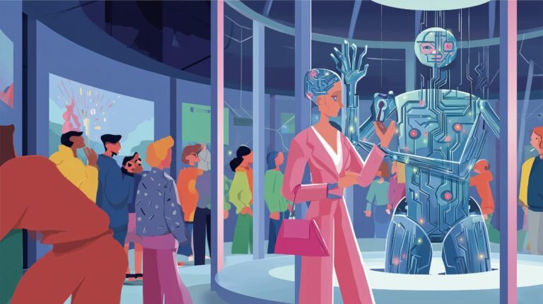 Femme dans atrium tenant une clé de verre face à une entité translucide, silhouettes accusatrices et miroir brisé