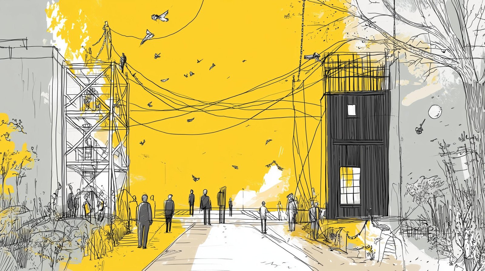 Plateau côtier au couchant, atelier ouvert lumineux à gauche, tour serveur noire verrouillée à droite, chemin séparateur