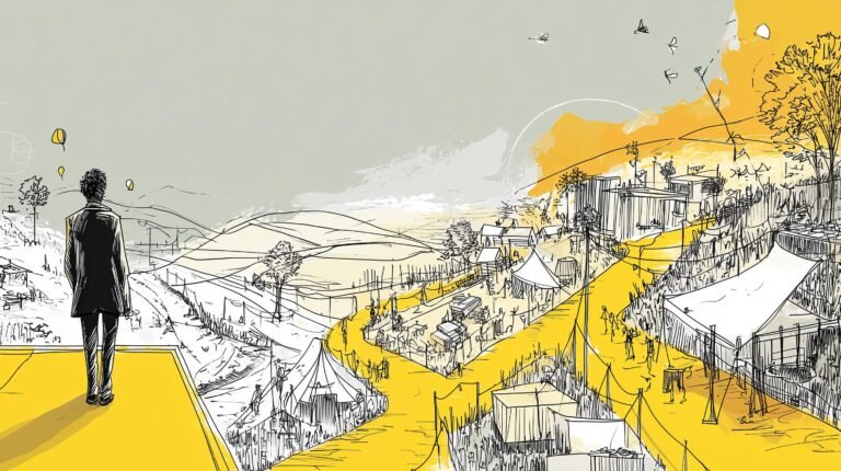 Personne silhouettée observant paysages fragmentés en trois voies distinctes