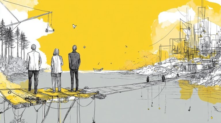 Trois silhouettes sur pont inachevé regardant centres de données en construction au crépuscule