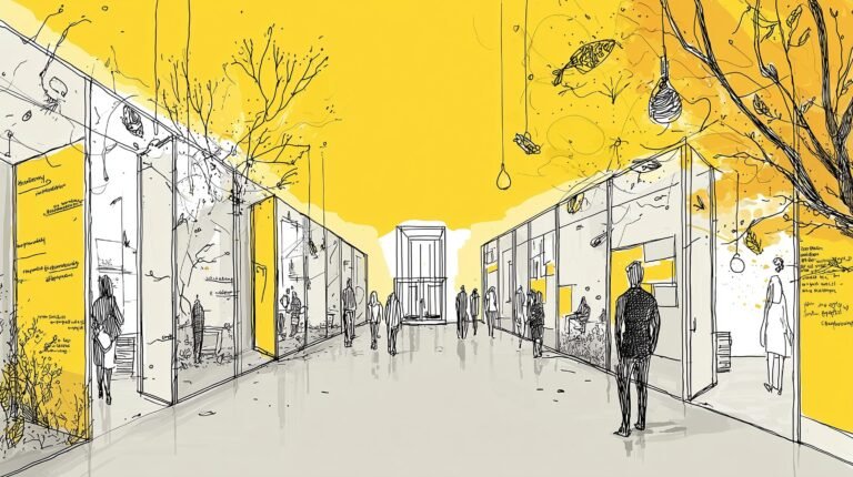 Couloir minimaliste au lever, panneaux de verre gravés et serveur monolithique au fond